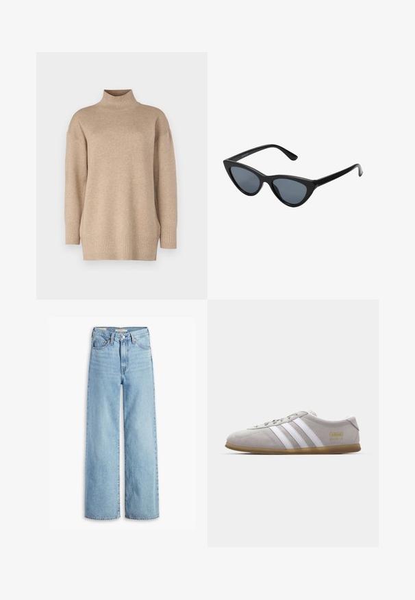 Pull col roulé beige avec une coupe décontractée, ourlet et poignets côtelés, texture douce et épaules légèrement tombantes. Fabriqué dans un matériau léger.; Jean large taille haute en denim bleu clair avec fermeture à bouton et zip à l'avant, passants de ceinture et cinq poches.; Baskets en daim gris avec des rayures en cuir blanc et un logo doré. Semelle en gomme plate, bout rond et design classique à lacets.; Lunettes de soleil noires en forme d'œil de chat avec des verres gris foncé, monture en plastique élégante, coins pointus et branches droites. Pas de métal visible ni d'accents.