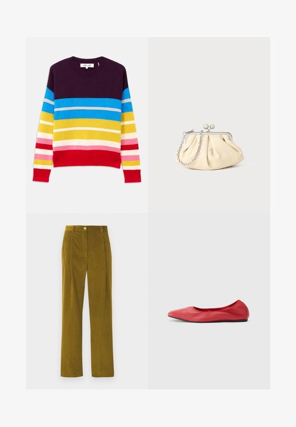 Pull en tricot avec rayures horizontales dans les tons violet, bleu, jaune, rose et rouge. Encolure et ourlet côtelés. Texture douce, design décontracté.; Pantalons en velours côtelé jaune moutarde avec une coupe droite, dotés de plis à l'avant et d'un système de fermeture à bouton à la taille.; Filippa K REY FLATS - Ballerines - bright red; Pochette en cuir beige plissé avec un cadre en métal argenté, dotée de deux fermoirs ronds décoratifs et d'une chaîne en argent.
