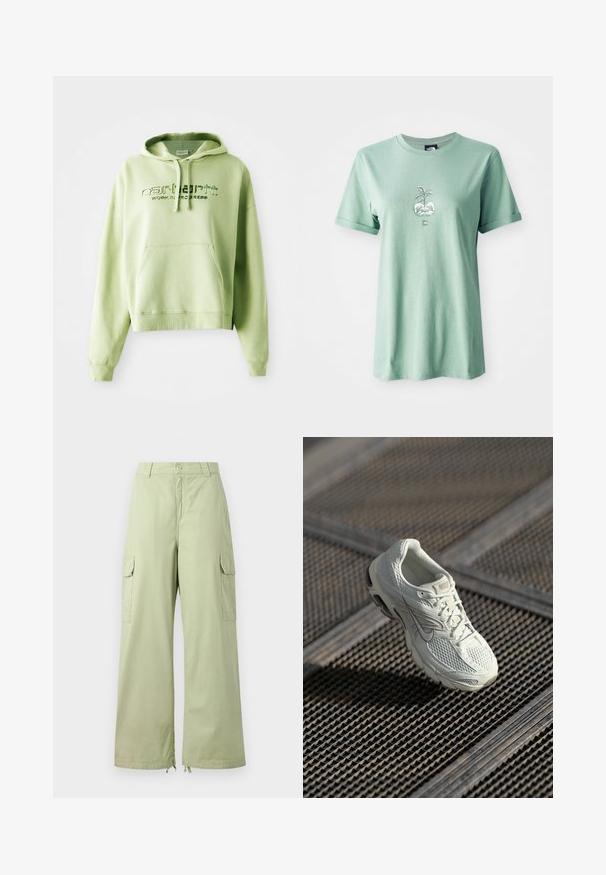 Hele roheline kapuutsiga sviiter, mis on valmistatud puuvillase seguga. Omab taskut ees, reguleeritavat kapuutsi ja tikandiga logo teksti "Carhartt Work in Progress."; Soe-line roheline puuvillane T-särk lühikeste rullitud varrukatega, millel on keskel graafika taimest ümmarguses potis, logo alumisel esiosal.; Heledad heledad roheline cargo püksid, mis on valmistatud puuvillast ja millel on laiad sääred. Omab kahte küljetaskut ja nööbid. Sile tekstuur ja lõdvestunud disain.; Valge Nike jooksutoss, millel on võrgust ja sünteetilisest materjalist ülemine osa, puhates metallvõrgust põrandal pehmes looduslikus valguses.