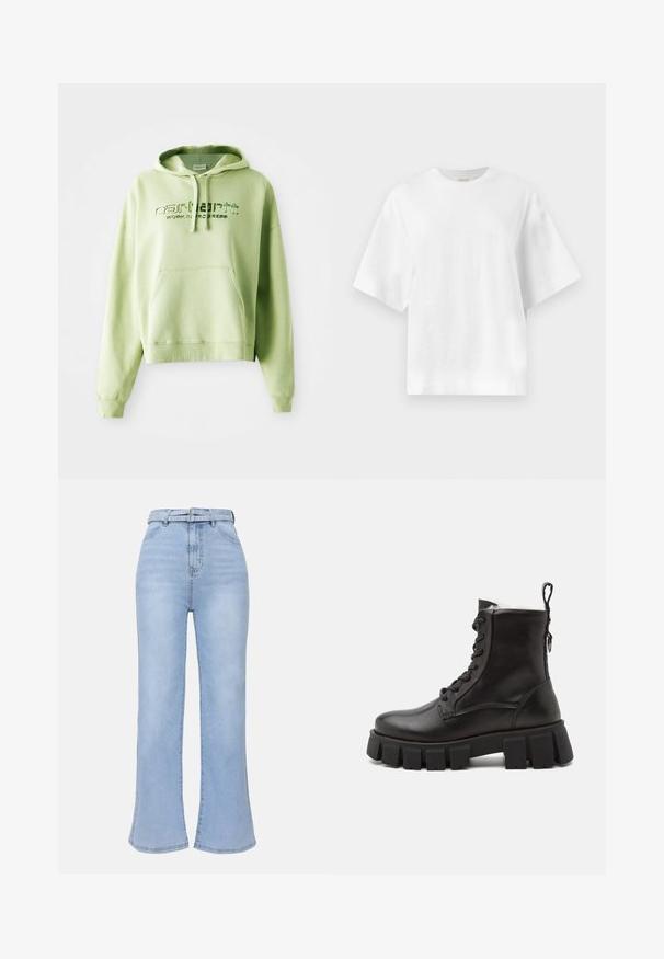 Hele roheline kapuutsiga sviiter, mis on valmistatud puuvillase seguga. Omab taskut ees, reguleeritavat kapuutsi ja tikandiga logo teksti "Carhartt Work in Progress."; Lihtne valge üle suurusega lühikeste varrukatega T-särk ümarate kaelustega, esitatud lamedalt helehallil taustal.; Even&Odd Tall Alt laienevad teksad - light blue wash; Mustad mustad nahast pahkluu saapad paksu kummist tallaga, ümarate varvastega, nööridega ees, ning tagaküljel tõmbelint, et neid saaks kergesti jalga panna.