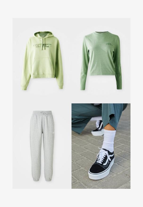 Lys grøn hoodie lavet af en bomuldsblanding. Har en kænguru-lomme, hætte med snor og broderet logo-tekst "Carhartt Work in Progress."; Lys grøn langærmet t-shirt lavet af blødt bomuld, med en rund halsudskæring og et lille trykt logo på øverste venstre side.; Grå sweatpants med elastisk talje og snøre. Stoffet er blødt, og de har elastiske manchetter ved anklerne samt et logoaccent.; Sorte ruskinds sneakers med hvide accenter og snørebånd, der har en tyk hvid sål og kontrasterende syninger, parret med en hvid sok.