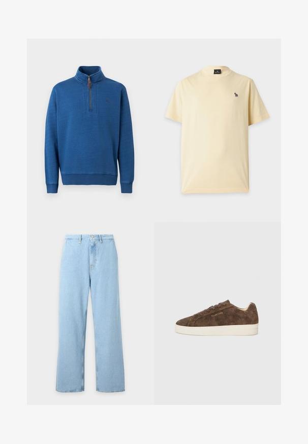 Pull-over bleu à manches longues avec une fermeture éclair quart-zip à l'avant et un col montant, doté de poignets et d'un ourlet côtelés, présenté sur un fond blanc.; T-shirt jaune clair à manches courtes avec un petit logo zèbre multicolore sur la poitrine gauche et une étiquette noire à l’intérieur du col.; Jean bleu clair à taille haute et jambes larges avec passants de ceinture, bouton frontal et fermeture éclair, présenté sur un fond clair uni.; Baskets en daim marron avec une silhouette basse, un bout arrondi et une semelle en caoutchouc blanc. Elles présentent des lacets foncés et un logo discret sur le côté.