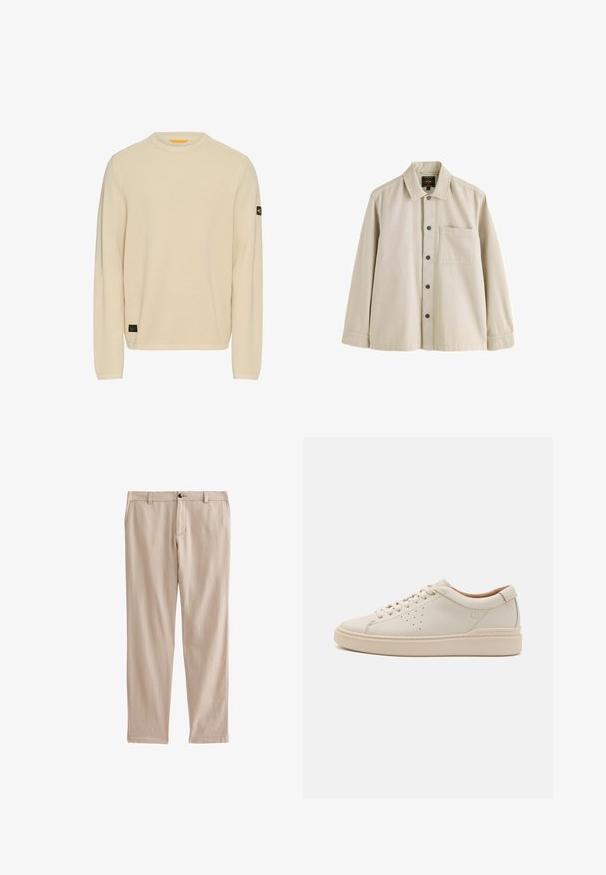 Lys beige striktrøje med lange ærmer, rund halsudskæring, tekstureret stof og et lille sort logo-patch på venstre ærme.; Beige langærmet skjorte med knapper, krave og en brystlomme, lavet af et robust stof.; Beige bomuldsbukser med lige snit, der har en frontlukning med knap og bæltestropper. Glat tekstur med sidelommer og diskret syning.; Beige læder sneakers med rund tå, flade snørebånd, perforerede side detaljer og en tyk, tekstureret gummisål. Naturlig læderforing.