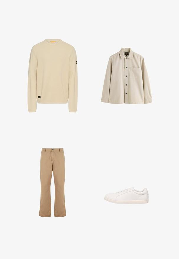Lys beige striktrøje med lange ærmer, rund halsudskæring, tekstureret stof og et lille sort logo-patch på venstre ærme.; Beige langærmet skjorte med knapper, krave og en brystlomme, lavet af et robust stof.; Beige bomuldsbukser med lige pasform, der har knaplukning, forlommer og en glat tekstur.; Hvid lavt sneakersko med snørelukning og flad sål, vist i sideprofil på hvid baggrund.