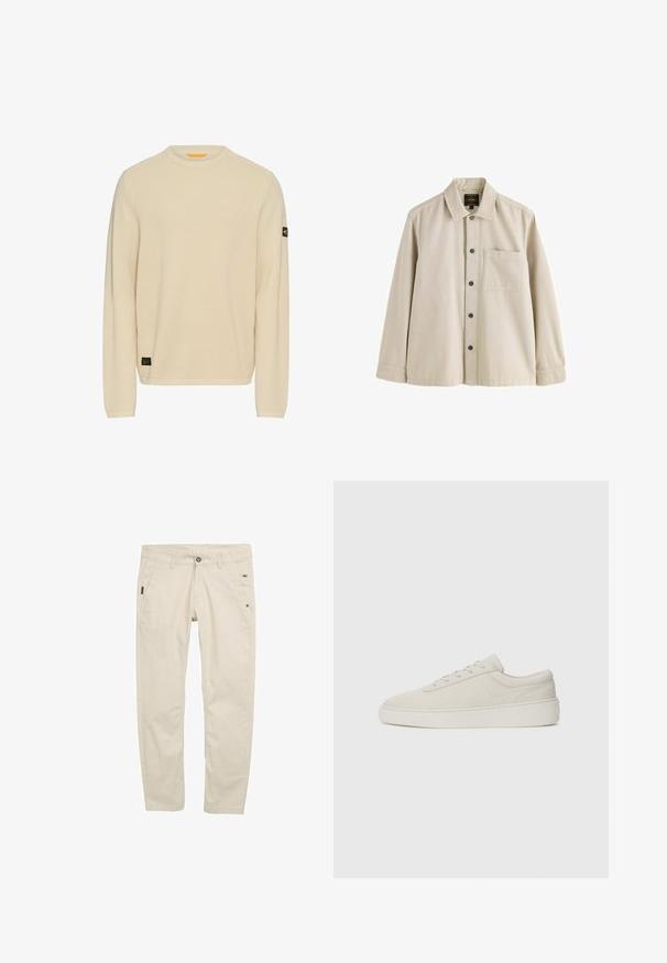 Lys beige striktrøje med lange ærmer, rund halsudskæring, tekstureret stof og et lille sort logo-patch på venstre ærme.; Beige langærmet skjorte med knapper, krave og en brystlomme, lavet af et robust stof.; Beige bomulds chinos med en lige ben design, der har sidelommer, en knaplukning og subtile tekstur detaljer.; Beige sneakers med en glat ruskindsfinish, rund tå og flad gummisole. Har snørebåndslukning og minimalistisk design med diskret syning.