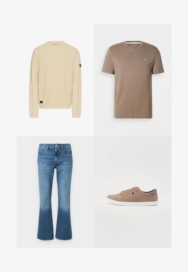 Pull en tricot beige clair avec des manches longues, un col rond, un tissu texturé et un petit patch logo noir sur la manche gauche.; T-shirt en coton taupe à manches courtes avec col rond et petit logo blanc "M OP" sur la partie supérieure gauche de la poitrine, signé Marc O'Polo.; Jean en denim bleu taille haute avec jambes évasées, doté de poches avant, passants pour ceinture et fermeture à bouton.; Baskets en toile beige avec un design basse, semelle en caoutchouc blanc et lacets ronds. Présente un accent de talon gris contrastant et un détail de logo.