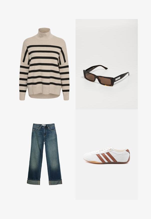 Beige Rollkragenpullover mit schwarzen horizontalen Streifen. Verfügt über Fall Schulter, gerippte Bündchen und eine lässige Passform. Weiche Stricktextur.; Blau ausgeblichene Jeans mit weitem Bein, umgeschlagenen Säumen, vorderem Knopf- und Reißverschluss und Fünf-Taschen-Design.; Weißer Sneaker mit niedrigem Schaft, braunen Lederstreifen, Schnürverschluss und einer Laufsohle aus Gummimaterial, von der Innenseite auf weißem Hintergrund gezeigt.; Braun getönte Sonnenbrille mit einem dicken Schildkrötenmuster-Rahmen, die eine flache rechteckige Form aufweist und ein silbernes Logo am linken Bügel hat.