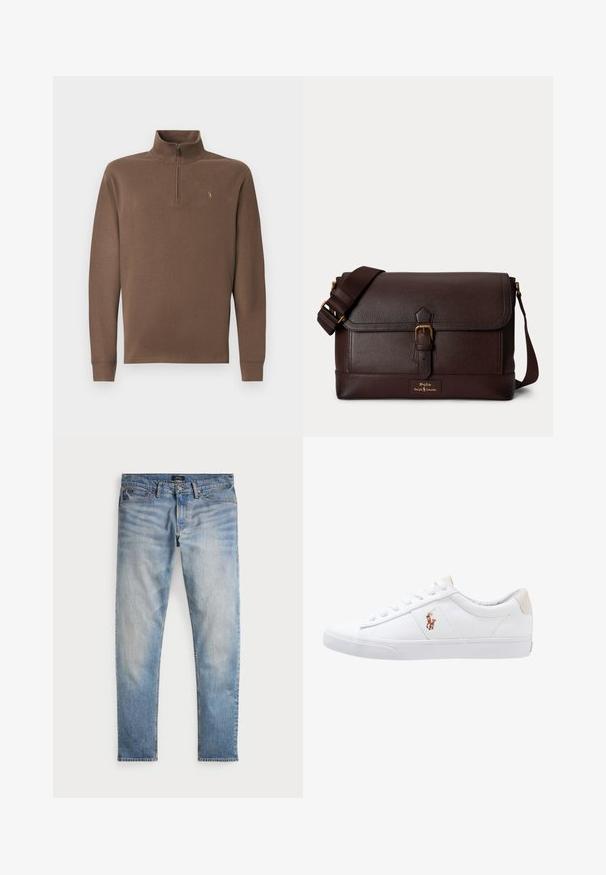 Pull marron avec un col montant et une fermeture éclair, fabriqué en matériau doux. Présente des manches longues et un petit logo sur la poitrine.; Jean en denim bleu clair avec une finition délavée, design à cinq poches et couture contrastante. Comprend une fermeture éclair et des passants de ceinture. Coupe droite.; Baskets en toile blanches avec un design basse, présentant un onglet de talon beige et un petit logo brodé sur le côté. Semelle en caoutchouc.; Sac messager en cuir marron foncé avec boucle avant et bandoulière réglable, logo Polo Ralph Lauren sur le panneau avant inférieur.