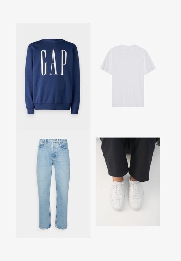 GAP Sweatshirt - blue shade; Weißes Baumwoll-T-Shirt mit kurzen Ärmeln, Rundhalsausschnitt und glatter Textur. Verfügt über eine minimale Markenkennzeichnung am Halsausschnitt.; Hellblaue Jeans aus Denim mit geradem Schnitt, hoher Taille, fünf Taschen-Design und sichtbaren Nähten an den Nähten und Säumen.; Weiße Ledersneaker mit glatter Textur, runder Zehenform und klassischem Schnürsystem, platziert über dunklen, locker sitzenden Hosen.