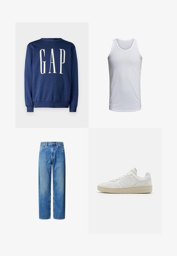 GAP Collegepaita - blue shade; Valkoinen puuvillatankkitoppi, jossa on pyöreä kaula-aukko, leveät olkaimet ja vähäistä brändäystä painettuna kauluksen sisäpuolelle. Pehmeä rakenne, rento istuvuus.; Vaaleansiniset farkut, joissa on korkea vyötärö, leveä lahje ja viistot saumat. Varustettu viidellä taskulla ja napitus.; Valkoiset nahkakengät, joissa on teksturoitu pinta ja pehmustettu nilkkaosa. Varustettu beige kumipohjalla ja huomaamattomalla brändäyksellä kannassa ja sivuilla.