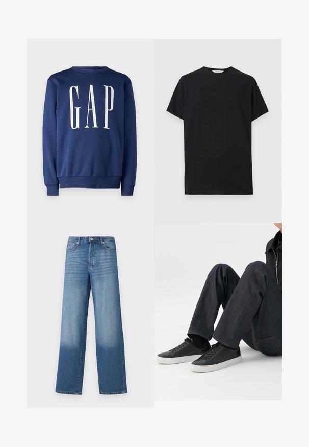 GAP Sweatshirt - blue shade; Sort kortærmet t-shirt lavet af blødt bomuldsstof. Rund halsudskæring med en afslappet pasform, der har rene, enkle linjer og ingen synlige mønstre.; Blå højtaljede strækte jeans med falmede områder på lårerne og mørkere skygger nær kanten, synlig frontknap og lommer.; Person siddende med bøjede ben, iført mørkeblå jeans og sorte lave sneakers med hvide såler på en hvid baggrund.