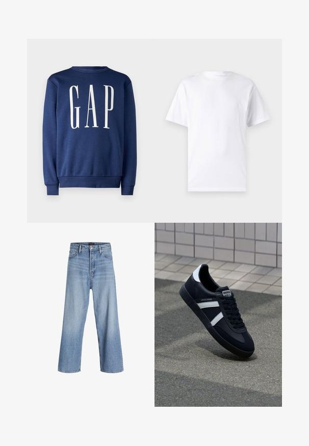 GAP Sweatshirt - blue shade; Hvid kortærmet t-shirt lavet af bomuld med rund hals, der har en glat tekstur og et simpelt design uden mønstre eller accenter.; Lyseblå denim bukser med brede ben og høj talje, med knaplukning, fem lommer og et subtilt slidtegn. Ren kantfinish.; Sort lædersneaker med hvide striber, tekstureret gummisål og snørrebånd foran. Har et brandet mærke på tungen.