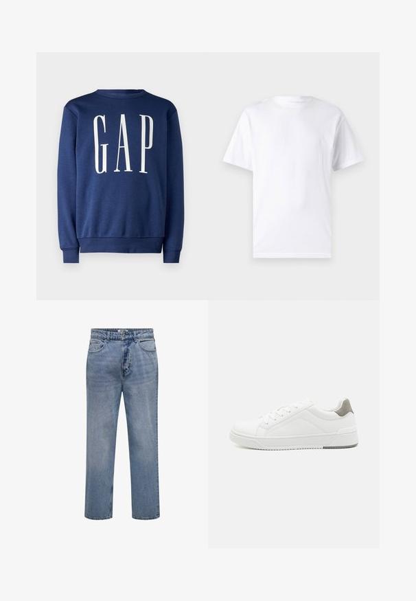 GAP Sweatshirt - blue shade; Weißes kurzärmeliges T-Shirt aus Baumwolle mit Rundhalsausschnitt, das eine glatte Textur und ein einfaches Design ohne Muster oder Akzente aufweist.; Hellblaue Jeans mit geradem Bein, Knopf- und Reißverschluss sowie vorderen und hinteren Taschen.; Weißer Sneaker aus glattem Leder, runde Zehenpartie, minimalistisches Design, graue Fersenkante und strukturierte Gummisohle.