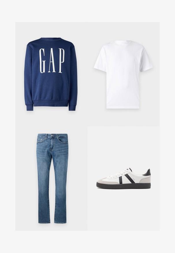 GAP Sweatshirt - blue shade; Hvid kortærmet t-shirt lavet af bomuld med rund hals, der har en glat tekstur og et simpelt design uden mønstre eller accenter.; Straight-leg blå denim jeans med klassisk fem-lomme design og knaplukning, vist mod en hvid baggrund.; Hvide sneakers med sorte og grå detaljer, med en tekstureret grå tåhætte, sort gummisål og flade hvide snørebånd. Rent design, minimalistisk stil.