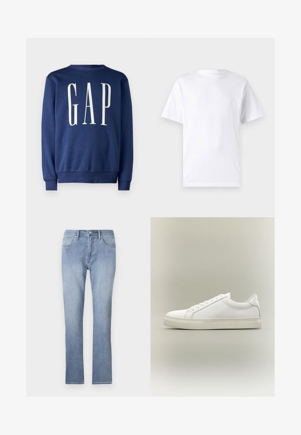 GAP Sweater - blue shade; Witte T-shirt met korte mouwen, gemaakt van katoen, met een ronde hals. Het heeft een gladde textuur en een eenvoudig ontwerp zonder patronen of accenten.; Blauwe spijkerbroek met een rechte pijp, voorzien van een ritssluiting, vijf zakken en vervagingdetails op de bovenbenen.; Witte lage sneaker met veters aan de voorkant en dikke zool, zijaanzicht tegen een neutrale achtergrond.