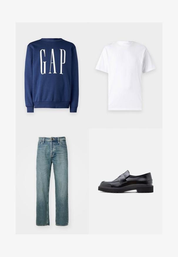 GAP Sweatshirt - blue shade; Hvid kortærmet t-shirt lavet af bomuld med rund hals, der har en glat tekstur og et simpelt design uden mønstre eller accenter.; Lysblå denimjeans med lige pasform, fem-lomme design og synlig syning. Har en metalknap og lynlåslukning.; Sorte læder slip-on sko med et slankt design, rund tå og en tyk, struktureret gummisål. Har en dekorativ rem på tværs foran.