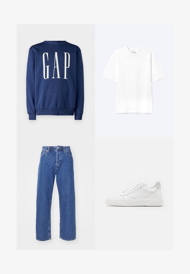 GAP Sweatshirt - blue shade; Enkel hvid T-shirt med korte ærmer og rund hals med afslappet pasform, vist på en lys baggrund.; Blå denimjeans med lige ben, med knap- og lynlåslukning, fem-lomme stil og minimale syninger.; Hvide lædersneakers med en glat finish, rund tå, flade snørebånd og en struktureret sål. Grå ruskindsdetalje ved hælen.