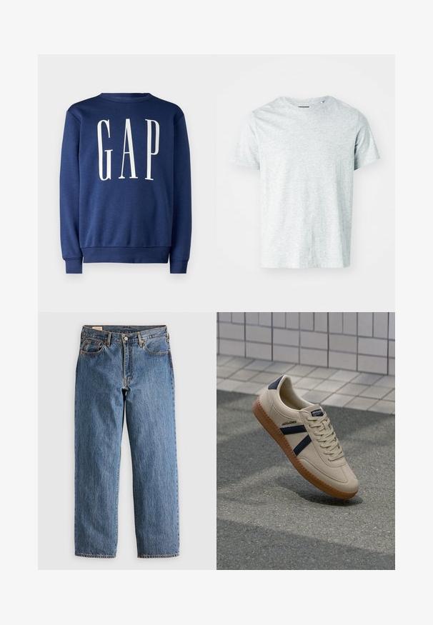 GAP Sweatshirt - blue shade; Lys grå, kortærmet t-shirt lavet af blødt stof, med en rund hals og en let afslappet pasform. Ingen synlige mønstre eller grafik.; Blå denimjeans med lige snit, der har høj talje, kobbernitter og orange syninger. Foran og bagpå er der lommer.; Beige sneaker med struktureret overflade, marineblå striber og gummisål. Har en polstret tunge og traditionelt snørresystem for en sikker pasform.