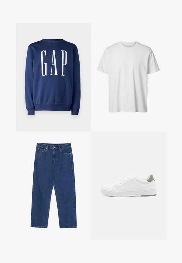 GAP Sweatshirt - blue shade; Enkelt hvid T-shirt med korte ærmer og rund hals, løs pasform og uden synlige logoer eller designs foran.; Mørkeblå denim jeans med lige ben, forlommer og en knaplukning med kontraststing hele vejen.; Hvid sneaker lavet af glat læder, rund tå, minimalistisk design, grå hælafsats og tekstureret gummisål.