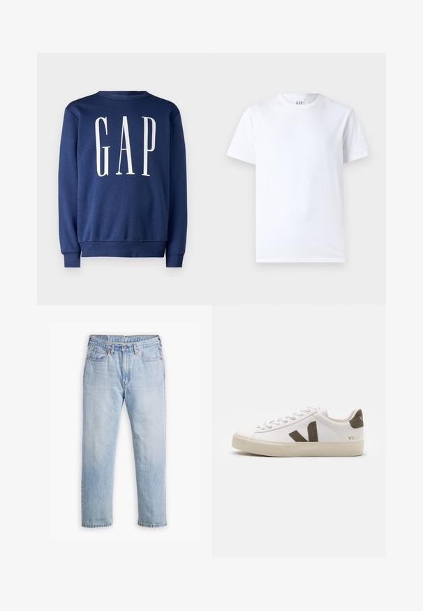 GAP Sweatshirt - blue shade; Hvid bomulds t-shirt med rund halsudskæring og korte ærmer. Enkel design uden mønstre eller grafik, med GAP branding på kraven.; Lysblå denimjeans med lige bendesign, fem lomme stil og kontrastsyet. Knap- og lynlåslukning i taljen.; Hvide læder sneakers med en lys beige gummisål. Har en brun ruskinds V-logo og hælflap. Snørret lukning med en struktureret overflade.
