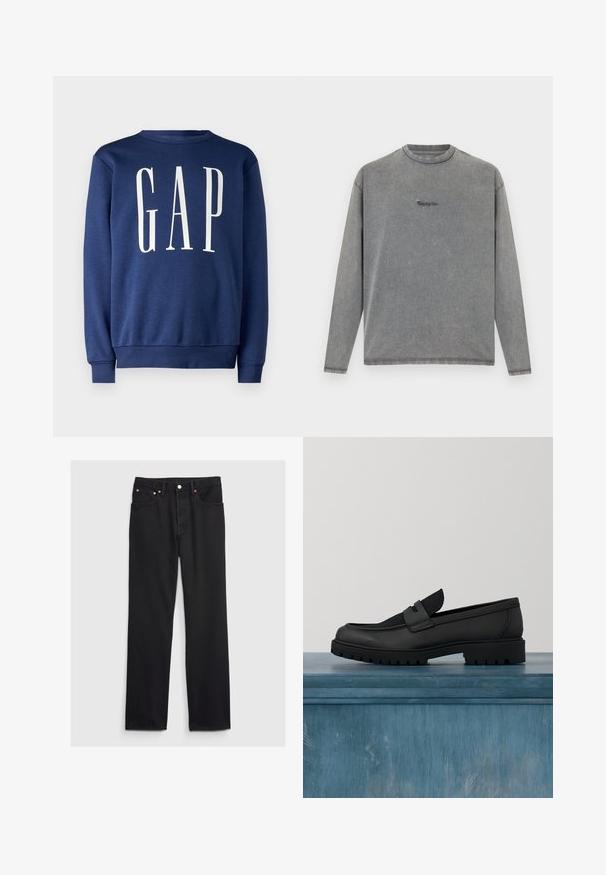 GAP Sweatshirt - blue shade; T-shirt gris délavé à manches longues avec petit logo « Replay Inc. » centré sur la poitrine, présenté sur fond blanc.; GAP 90S LOOSE - Jean large - black; Chaussure noire en cuir sans lacets avec un accent en tissu texturé, une semelle en caoutchouc robuste et une finition lisse. Présente un détail de couture subtil.