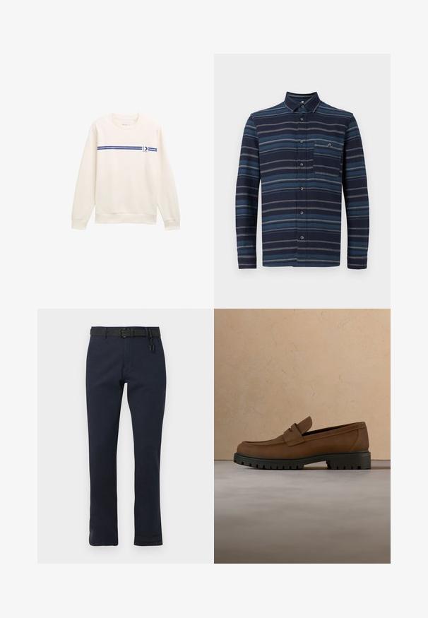 Hvid sweatshirt med rund hals, prydet med en blå vandret stribe og et logo på fronten. Lavet af blødt, struktureret stof.; Langærmet skjorte med knapper, der har en marineblå baggrund med varierende blå vandrette striber, en krave og en brystlomme. Blød tekstur.; Mørkeblå bukser med lige snit, konstrueret af slidstærkt stof. Har et sort bælte og et enkelt design uden mønstre.; Mørkebrune læderloafer med tyk sort gummisål vist over en beige tæppe- og sofa baggrund.