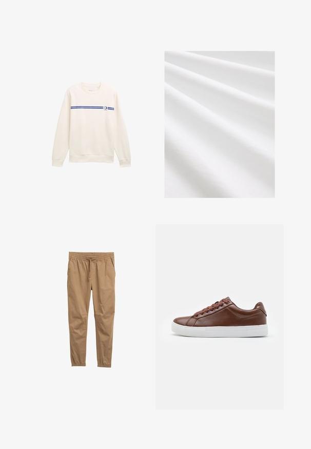 Hvid sweatshirt med rund hals, prydet med en blå vandret stribe og et logo på fronten. Lavet af blødt, struktureret stof.; Bomuldsstof, hvid farve, glat tekstur med subtile folder og krøller. Jævn overflade, let reflekterende, uden mønstre eller accenter.; Brune bomuldsblandede bukser med elastisk talje, justerbar snøre og tapered manchetter. Glat tekstur, ingen synlige mønstre eller metaldele.; Brune lædersneaker med en glat tekstur, rund tå, snørelukning foran og hvid gummisål med et struktureret mønster.