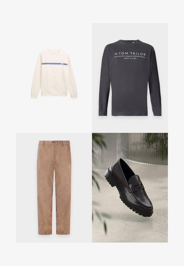 Hvid sweatshirt med rund hals, prydet med en blå vandret stribe og et logo på fronten. Lavet af blødt, struktureret stof.; TOM TAILOR PRINTED - Langærmet T-shirt - tarmac grey; TOM TAILOR REGULAR WASHED - Chino - caribou beige; Brune læder loafers med en tekstureret, rippet gummisål. Har et slankt design og et dekorativt bånd over vristen.
