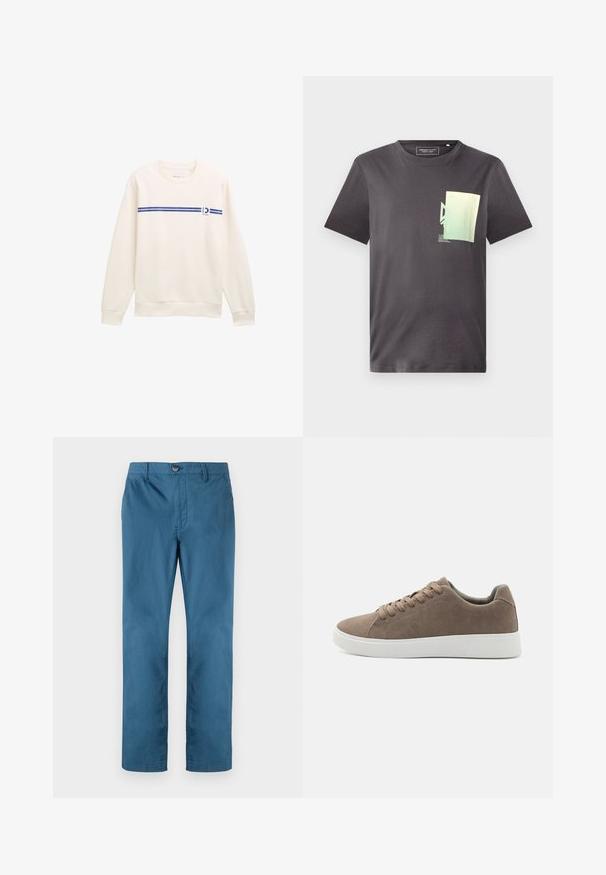Hvid sweatshirt med rund hals, prydet med en blå vandret stribe og et logo på fronten. Lavet af blødt, struktureret stof.; Grå bomulds T-shirt med rund hals, med et minimalistisk grønt og blåt grafisk print på venstre brystområde. Korte ærmer.; TOM TAILOR REGULAR WASHED - Chino - real teal blue; Brune ruskinds sneakers med flade hvide gummisåler, snørelukning, rund tå og en glat overflade. Minimalistisk stil med diskrete syninger.