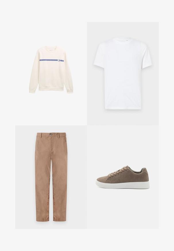 Hvid sweatshirt med rund hals, prydet med en blå vandret stribe og et logo på fronten. Lavet af blødt, struktureret stof.; Hvid bomulds t-shirt med rund halsudskæring og korte ærmer. Har et lille, præget logo på venstre bryst. Glat tekstur.; TOM TAILOR REGULAR WASHED - Chino - caribou beige; Brune ruskinds sneakers med flade hvide gummisåler, snørelukning, rund tå og en glat overflade. Minimalistisk stil med diskrete syninger.