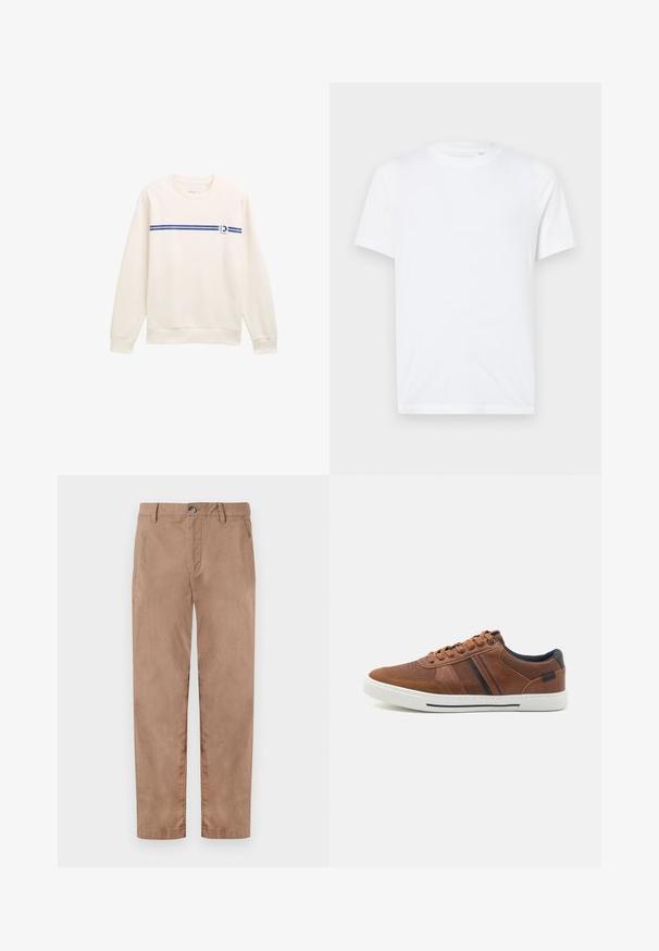 Hvid sweatshirt med rund hals, prydet med en blå vandret stribe og et logo på fronten. Lavet af blødt, struktureret stof.; Hvid bomulds t-shirt med rund halsudskæring og korte ærmer. Har et lille, præget logo på venstre bryst. Glat tekstur.; TOM TAILOR REGULAR WASHED - Chino - caribou beige; Brune lædersneakers med en glat overflade, hvid gummisål, sorte accenter og dekorativ syning med sidelæg.