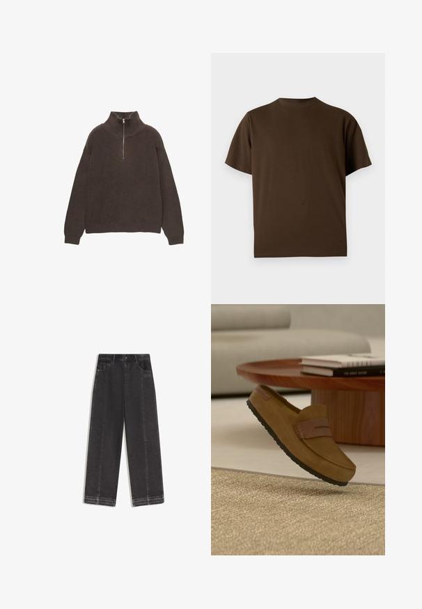 Pull en maille marron avec un col montant et une demi-fermeture éclair. Présente une texture côtelée et des épaules tombantes pour un ajustement décontracté.; T-shirt marron à manches courtes et col rond, design uni, présenté sur un fond blanc.; Jeans noirs à jambes larges avec taille haute, poches avant, ourlets effilochés et logo discret "ODD SUPPLY" sur la zone de la poche droite.; Mocassin marron en suède avec semelle noire flottant au-dessus d'un tapis beige tissé, table ronde en bois avec des livres empilés et canapé gris clair en arrière-plan.