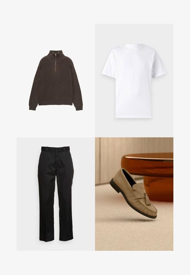 Brun strikket pullover med høj krave og halv lynlås. Har ribbet tekstur og dropped shoulders for en afslappet pasform.; Hvid kortærmet t-shirt lavet af bomuld med rund hals, der har en glat tekstur og et simpelt design uden mønstre eller accenter.; Sorte bukser lavet af et glat stof med lige ben, bæltestropper og to sidelommer. Klassisk look uden udsmykninger.; Lysebrun ruskindslipper med kvastdetalje, sort sål, placeret på beige tæppe nær en blank brun rund bordfod.