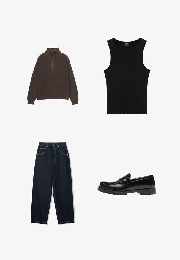Bruine gebreide pullover met een hoge kraag en een halve rits. Kenmerkt zich door de geribbelde textuur en de verlaagde schouders voor een ontspannen pasvorm.; Zwarte geribbelde tanktop met een ronde halslijn en wijde armsgaten, gemaakt van een zachte, rekbare stof. Label: Pull&Bear.; Wijdbenige, donkerblauwe spijkerbroek met contrasterende witte stiksels, vijf zakken en een knoopsluiting. Voorzien van een hoge taille.; Zwarte leren loafer met een dikke rubberen zool en klassieke penny-strap details, gezien vanaf de buitenkant.