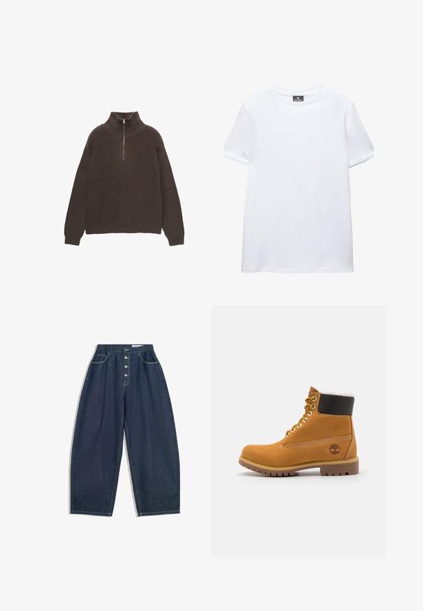 Brun strikket pullover med høj krave og halv lynlås. Har ribbet tekstur og dropped shoulders for en afslappet pasform.; Simpel hvid t-shirt med korte ærmer og rund halsudskæring med en sort Pull&Bear mærkat indeni kraven, vist på en hvid baggrund.; Mørkeblå denim bukser med brede ben og høj talje, fem knaplukninger og fem lommer. Har stikninger som accent på sømmene.; Brune læder ankelstøvle med metaløjer, hvid pelsforing, sort polstret krave, robust sål og præget logo på siden.