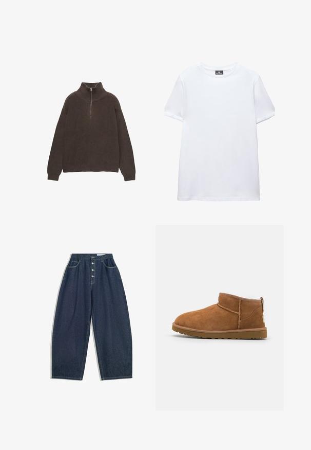 Bruine gebreide pullover met een hoge kraag en een halve rits. Kenmerkt zich door de geribbelde textuur en de verlaagde schouders voor een ontspannen pasvorm.; Effen wit T-shirt met korte mouwen en een ronde hals met een zwart Pull&Bear-label aan de binnenkant van de kraag, afgebeeld op een witte achtergrond.; Donkerblauwe denim brede broek met een hoge taille, vijfknopen sluiting en vijf zakken. Heeft stiksels op de naden.; Tan suède enkellaars met een ronde neus, subtiele stiksels en een gestructureerde rubberen zool. Korte hoogte zonder veters.