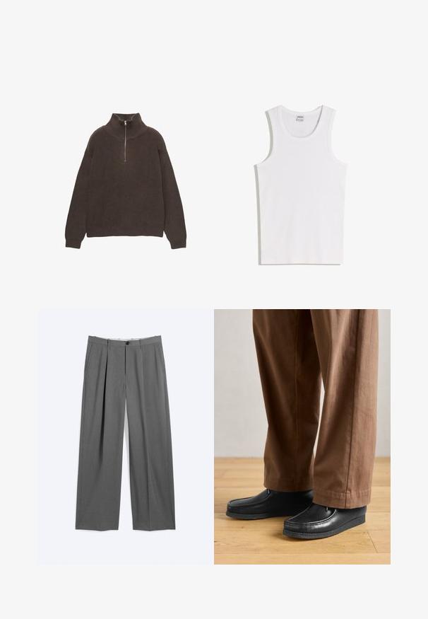 Brun strikket pullover med høj krave og halv lynlås. Har ribbet tekstur og dropped shoulders for en afslappet pasform.; Hvid bomulds tanktop med rund halsudskæring og brede skulderstropper. Glat tekstur, uden mønstre eller detaljer, enkelt design.; Grå formelle bukser med lige ben, for-tilslag, sidelommer, bæltestropper og forlukning foran med knap og lynlås.; Sorte lædersko med mokkasin-design og syningdetaljer, parret med brune bukser, på et trægulv.