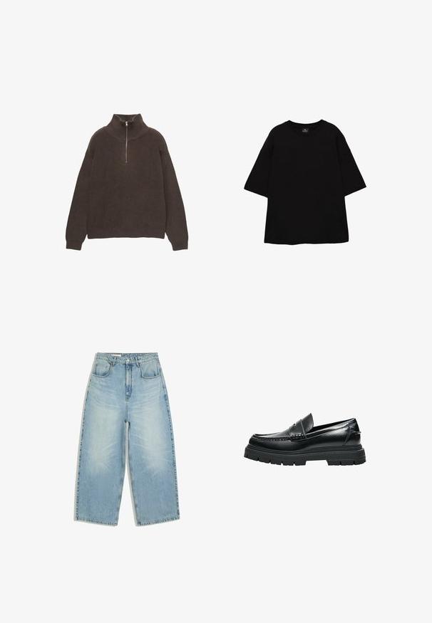 Pull en maille marron avec un col montant et une demi-fermeture éclair. Présente une texture côtelée et des épaules tombantes pour un ajustement décontracté.; T-shirt noir oversize à manches courtes avec encolure ronde, en tissu lisse, présenté à plat sur un fond blanc.; Jean denim bleu clair taille haute avec jambes larges, poches avant, passants de ceinture et fermeture par bouton et fermeture éclair.; Mocassin en cuir noir avec semelle épaisse à crampons et détail de bride penny, vu de profil sur fond blanc.