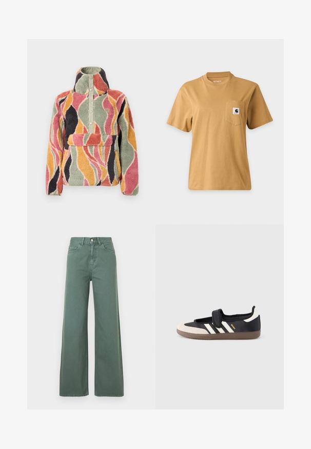 Pull polaire avec col montant et fermeture à boutons-pression. Présente un motif ondulé multicolore en rose, vert, orange et noir.; T-shirt marron uni à manches courtes avec une poche poitrine présentant un patch carré avec le logo de la marque, affiché sur un fond clair uni.; Jean en denim vert taille haute, jambes larges, avec bouton devant, zip et style cinq poches.; Baskets noires et beiges avec une bride en velcro, trois bandes blanches sur le côté, et une semelle en caoutchouc marron texturée. Logo de la marque visible.