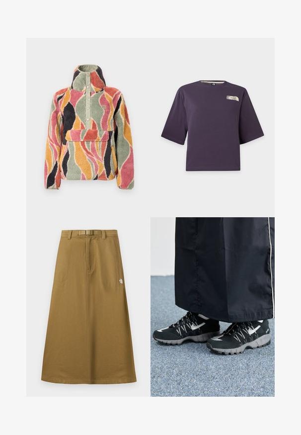 Pull polaire avec col montant et fermeture à boutons-pression. Présente un motif ondulé multicolore en rose, vert, orange et noir.; T-shirt court violet à manches courtes avec un petit logo beige The North Face sur la partie supérieure gauche de la poitrine.; Jupe longue extérieure beige avec poches avant, ceinture intégrée et logo The North Face sur le côté droit.; Des chaussures de sport noires avec un dessus texturé, des accents argentés et une semelle extérieure à motifs, associées à un long vêtement noir. Présentées sur un tapis bleu.