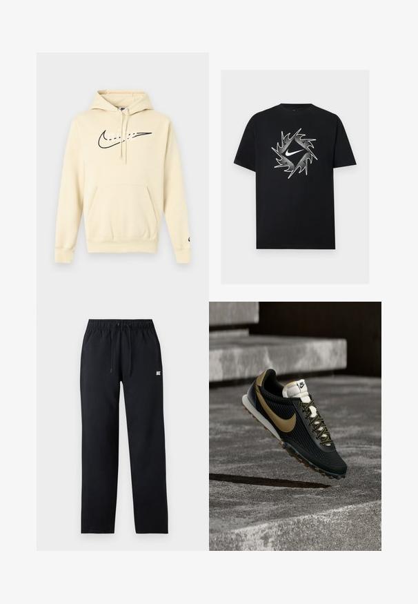 Μπεζ φούτερ Nike με τσέπη μπροστά, κουκούλα με κορδόνι και μαύρο λογότυπο στο στήθος. Μαλακό ύφασμα και ελαστικά τελειώματα στα μανίκια.; Μαύρο κοντομάνικο μπλουζάκι με λευκό λογότυπο Nike στο κέντρο, περιτριγυρισμένο από δυναμικό κυκλικό σχεδιασμό με αιχμές.; Μαύρη φόρμα Nike με ελαστική μέση, κορδόνι, ίσια μπατζάκια και μικρό λευκό λογότυπο στο επάνω αριστερό μηρό.; Μαύρο και χρυσό αθλητικό παπούτσι τρεξίματος Nike με υφή στο επάνω μέρος και κορδόνια με σχέδιο, που αιωρείται πάνω από τραχιά επιφάνεια σκυροδέματος και σκαλοπάτια.
