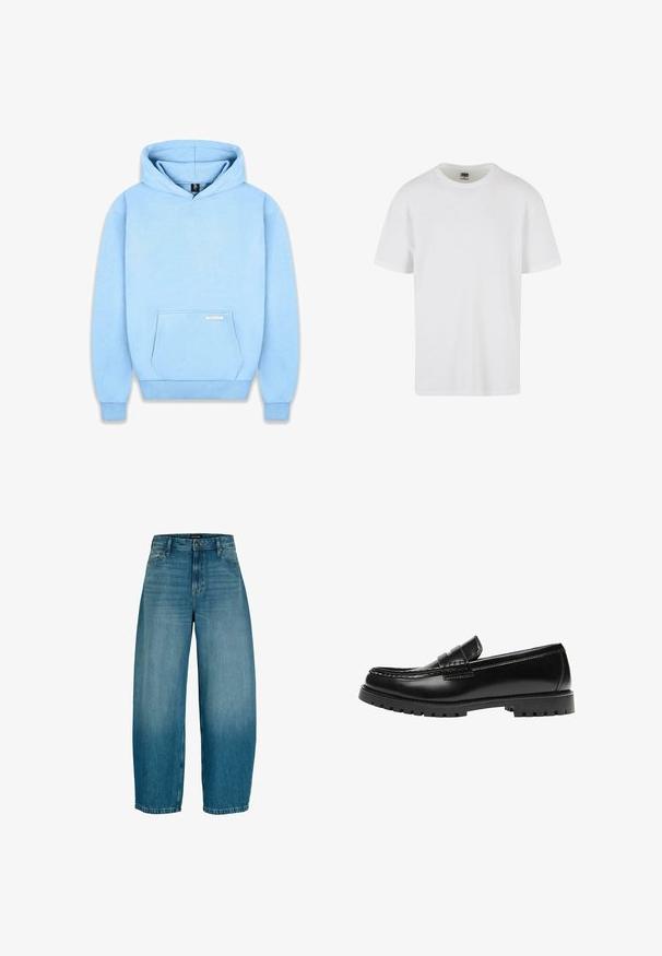 Hoodie bleu clair en tissu doux, avec une poche frontale, des poignets côtelés et une capuche à cordon. Minimalisme de la marque sur la poche.; T-shirt blanc à manches courtes en coton texturé. Il présente un col rond et unourlet droit. Design minimaliste sans logos visibles.; Jean en denim bleu à jambes larges avec fermeture avant par boutons et zipper, passants pour ceinture et poches latérales, présentant un léger délavage au niveau des cuisses.; Mocassin en cuir noir avec une semelle en caoutchouc épaisse et un détail classique de bride à monnaie, vu de côté extérieur.