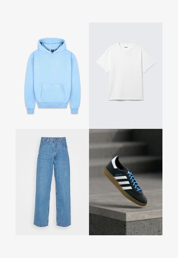 Hoodie bleu clair en tissu doux, avec une poche frontale, des poignets côtelés et une capuche à cordon. Minimalisme de la marque sur la poche.; T-shirt blanc à manches courtes et col rond, étalé à plat, design uni, avec l'étiquette "WEEKDAY" à l'intérieur du col sur un fond clair.; Jean en denim bleu clair avec une taille haute et une coupe évasée. Comprend cinq poches, une fermeture à bouton en métal et un ourlet droit.; Baskets Adidas noires avec des rayures blanches, des lacets bleus et une semelle en gomme flottant au-dessus d'une marche en béton grise sous une lumière douce.