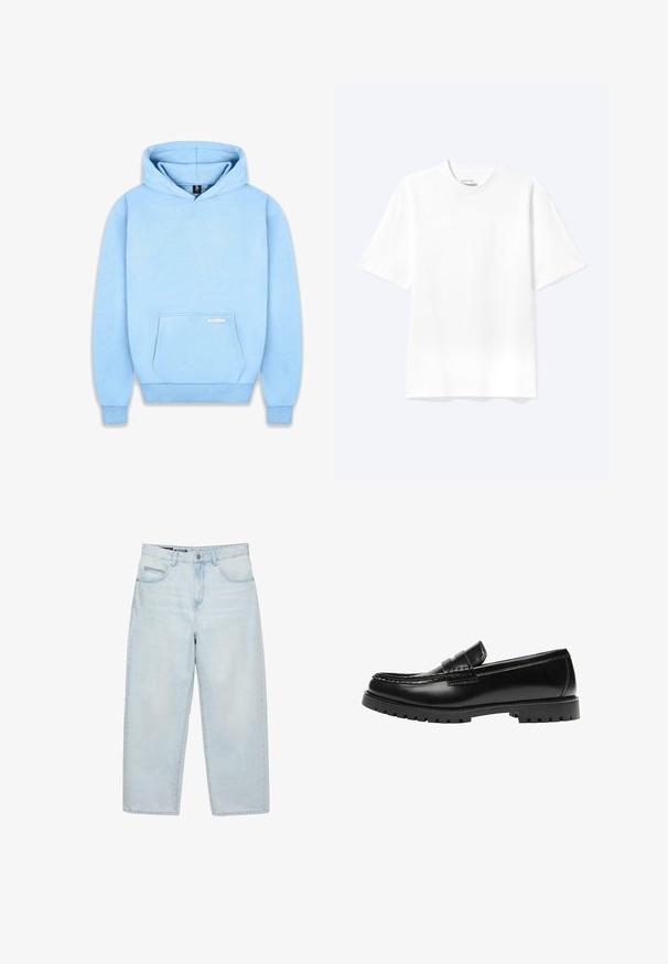 Hoodie bleu clair en tissu doux, avec une poche frontale, des poignets côtelés et une capuche à cordon. Minimalisme de la marque sur la poche.; T-shirt blanc uni à manches courtes et col rond avec une coupe décontractée, présenté sur un fond clair.; Jean ample taille haute bleu clair avec poches avant et fermeture à boutons, présenté sur un fond blanc.; Mocassin en cuir noir avec une semelle en caoutchouc épaisse et un détail classique de bride à monnaie, vu de côté extérieur.