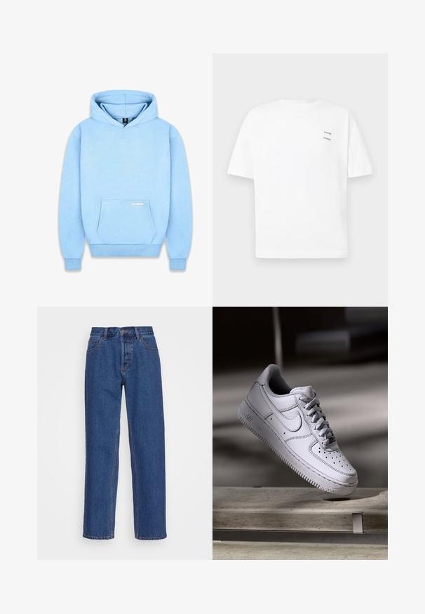 Hoodie bleu clair en tissu doux, avec une poche frontale, des poignets côtelés et une capuche à cordon. Minimalisme de la marque sur la poche.; T-shirt blanc en coton avec une coupe décontractée, des manches courtes et un col en V. Présente deux petits logos noirs imprimés sur le côté gauche.; Jean en denim bleu avec un design classique à jambe droite, présentant une taille haute, des passants de ceinture et des détails de couture subtils.; La basket Nike Air Force 1 en cuir blanc présente un embout perforé, des lacets plats et une semelle en caoutchouc texturée avec le logo « AIR » sur le côté.