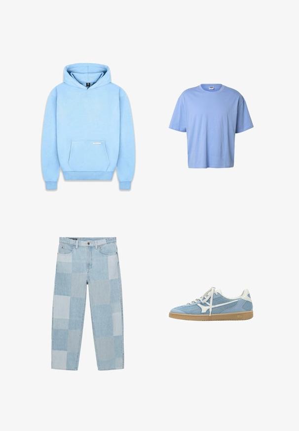 Hoodie bleu clair en tissu doux, avec une poche frontale, des poignets côtelés et une capuche à cordon. Minimalisme de la marque sur la poche.; T-shirt en coton bleu clair à manches courtes avec col rond et coupe décontractée, présenté sur un fond blanc.; Jean en denim patchwork bleu clair avec une coupe droite, fermeture par boutons, passants pour ceinture, et poches à l'avant et à l'arrière.; Baskets basses bleu clair et blanc avec tige en mesh et daim, lacets blancs et semelle en gomme.