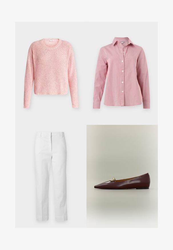 Pull en tricot rose clair avec manches longues et col rond, présenté sur un fond gris neutre.; Chemise à manches longues à rayures verticales rouges et blanches, boutonnée, avec col et poignets, présentée à plat sur un fond blanc.; Pantalon blanc taille haute à jambes droites avec passants de ceinture, fermeture éclair avant et poches latérales, présenté sur un fond uni.; Chaussure plate marron à bout pointu avec une petite perle décorative dorée sur le dessus, sur un fond uni neutre.