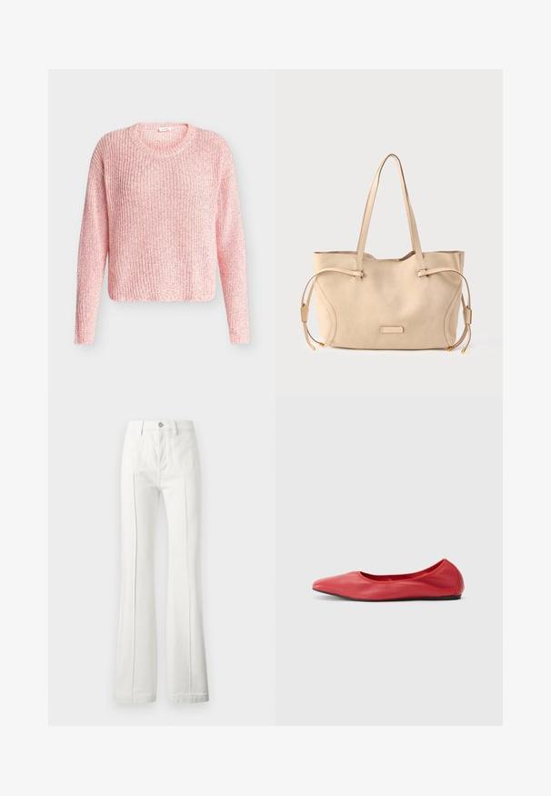 Pull en tricot rose clair avec manches longues et col rond, présenté sur un fond gris neutre.; Jean blanc évasé en denim, avec une taille haute, des coutures contrastantes et une finition nette sans usure.; Filippa K REY FLATS - Ballerines - bright red; Sac cabas en daim beige avec des liens latéraux ajustables, des bretelles plates pour l'épaule et une base rectangulaire. Comprend un petit détail logo en métal.
