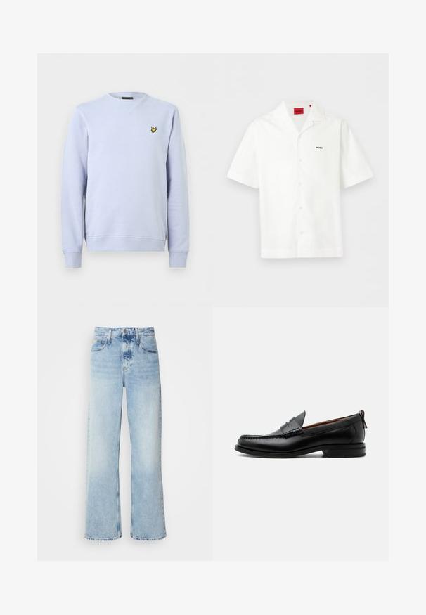 Sweat-shirt bleu clair à col rond avec des manches longues et un petit logo d'oiseau jaune sur le côté gauche de la poitrine.; Chemise blanche à manches courtes avec col ouvert, petit logo "HUGO" sur la poitrine et étiquette de marque rouge à l'intérieur du col.; Jean large bleu clair à taille haute, avec une finition délavée, des passants de ceinture et un design classique à cinq poches. L'ourlet est brut.; Mocassin homme en cuir noir avec couture moc toe, bride penny, col texturé et petit talon empilé sur fond blanc.