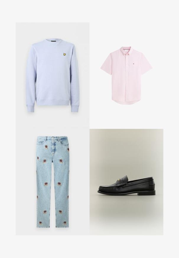 Sweat-shirt bleu clair à col rond avec des manches longues et un petit logo d'oiseau jaune sur le côté gauche de la poitrine.; Chemise à manches courtes rayée rose et blanche avec boutons, col boutonné et petit logo sur la poitrine gauche.; Jean en denim bleu clair avec jambes droites et petits motifs brodés de roses rouges et de blasons dorés répartis de manière uniforme.; Mocassin noir en cuir à enfiler avec petit talon, boucle dorée et nom de marque embossé sur le côté sur fond neutre.